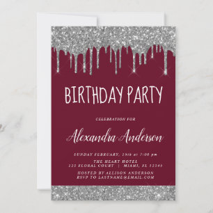 Silver Burgundy Sparkle Glitter Any Age Birthday Invitation