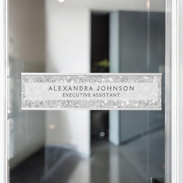 Silver Business Glitter Sparkle Modern Chic Desk Name Plate (Creator Uploaded)