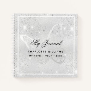 Silver butterfly glitter sparkles name script notebook