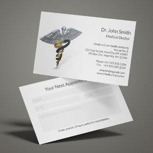 Silver Caduceus Black Gold Medical Reminder Appointment Card