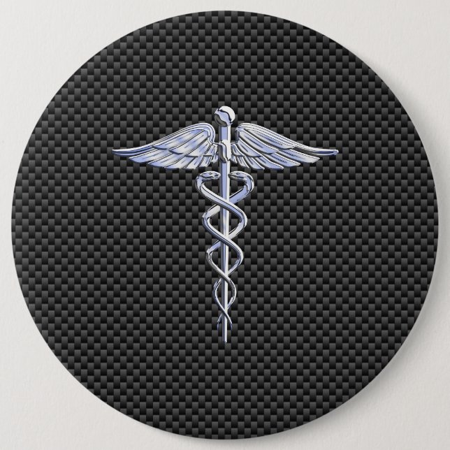 Silver Caduceus Medical Symbol Carbon Fibre Style 6 Cm Round Badge (Front)