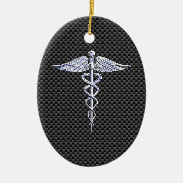 Silver Caduceus Medical Symbol Carbon Fibre Style Ceramic Ornament (Front)