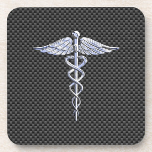 Silver Caduceus Medical Symbol Carbon Fibre Style Coaster