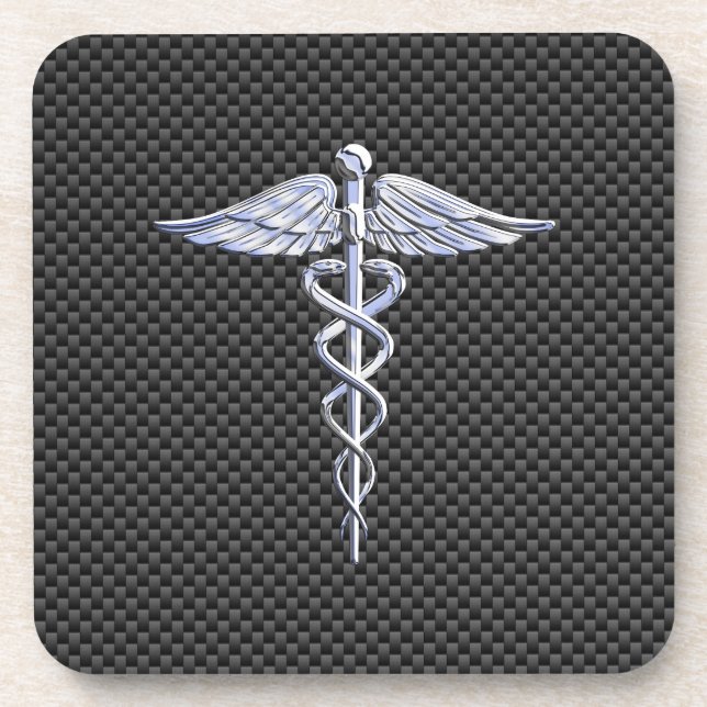 Silver Caduceus Medical Symbol Carbon Fibre Style Coaster (Front)