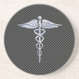 Silver Caduceus Medical Symbol Carbon Fibre Style Coaster