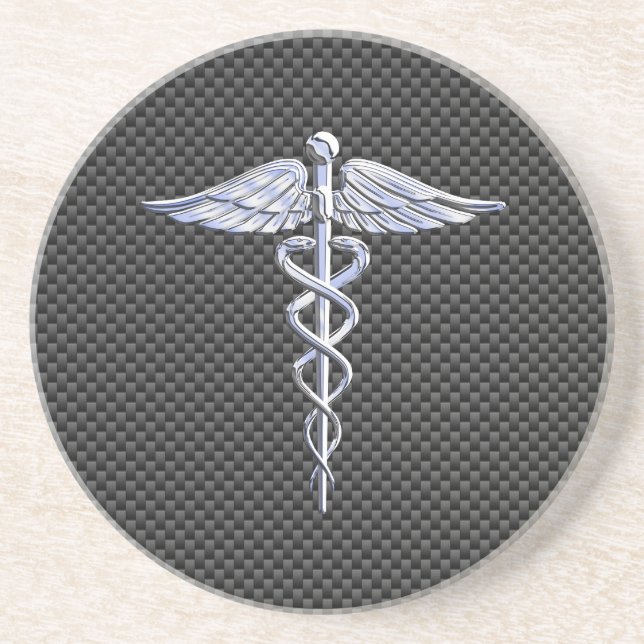 Silver Caduceus Medical Symbol Carbon Fibre Style Coaster (Front)