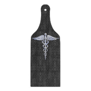 Silver Caduceus Medical Symbol Carbon Fibre Style Cutting Board