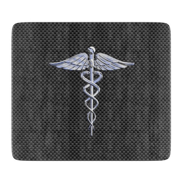 Silver Caduceus Medical Symbol Carbon Fibre Style Cutting Board (Front)