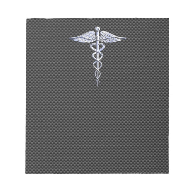 Silver Caduceus Medical Symbol Carbon Fibre Style Notepad (Front)
