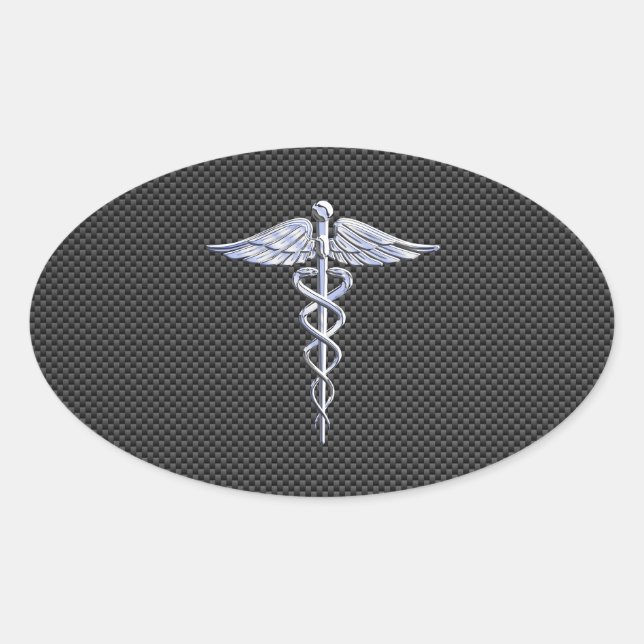 Silver Caduceus Medical Symbol Carbon Fibre Style Oval Sticker (Front)