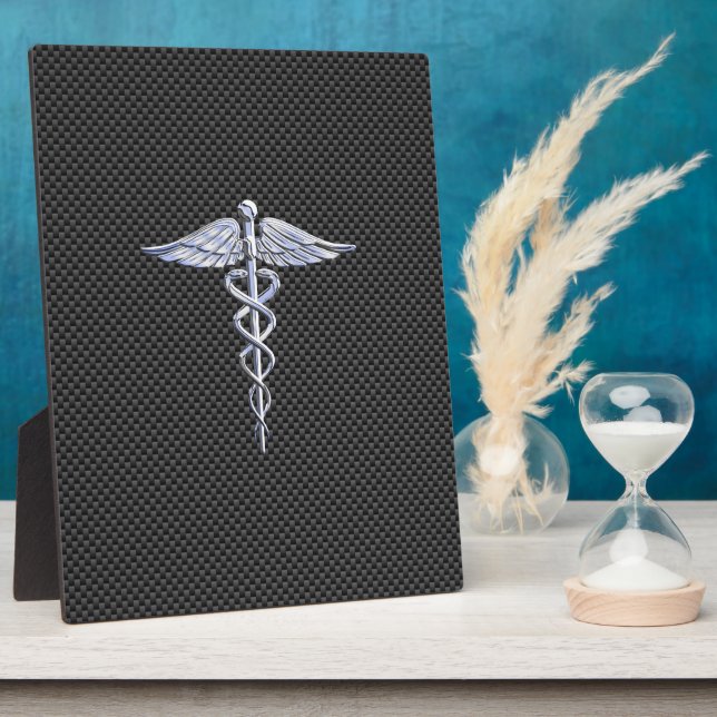 Silver Caduceus Medical Symbol Carbon Fibre Style Plaque (Side)