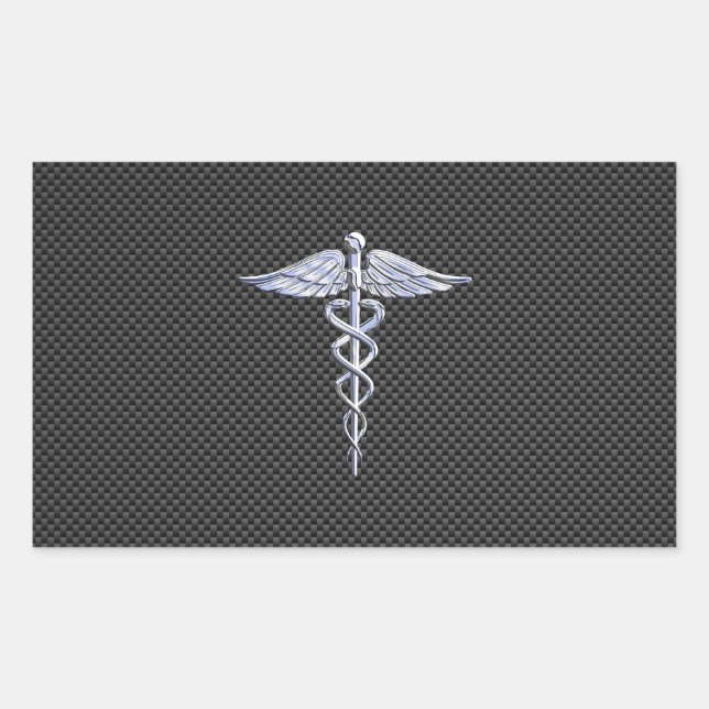 Silver Caduceus Medical Symbol Carbon Fibre Style Rectangular Sticker (Front)
