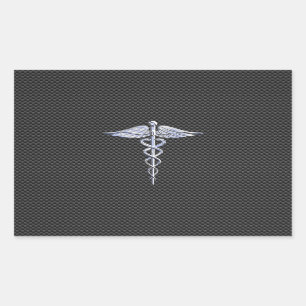 Silver Caduceus Medical Symbol Carbon Fibre Style Rectangular Sticker