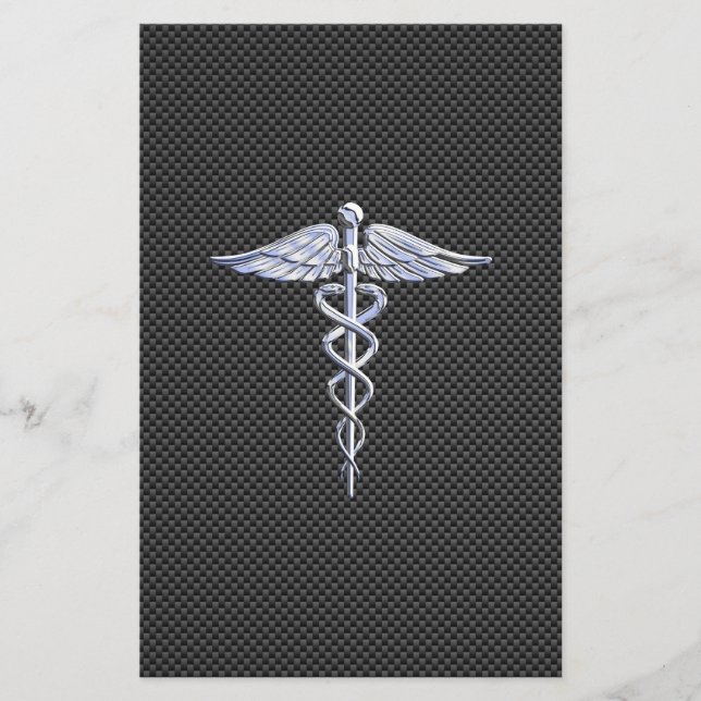 Silver Caduceus Medical Symbol Carbon Fibre Style Stationery (Front)