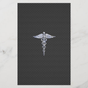 Silver Caduceus Medical Symbol Carbon Fibre Style Stationery