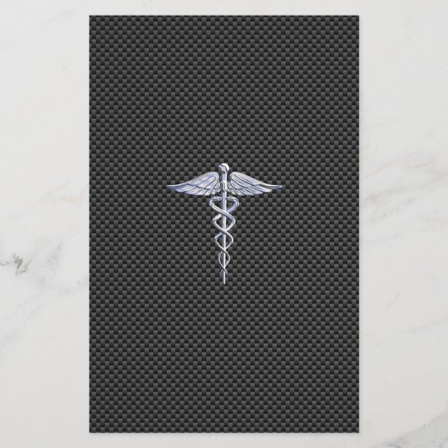 Silver Caduceus Medical Symbol Carbon Fibre Style Stationery (Front)
