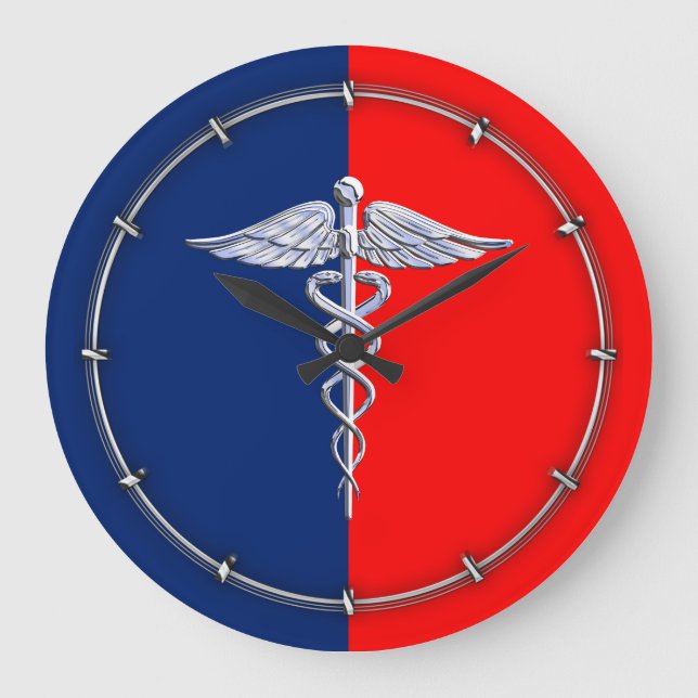 Silver Caduceus Medical Symbol League Large Clock (Front)