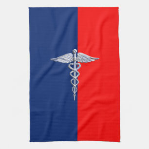 Silver Caduceus Medical Symbol League Tea Towel