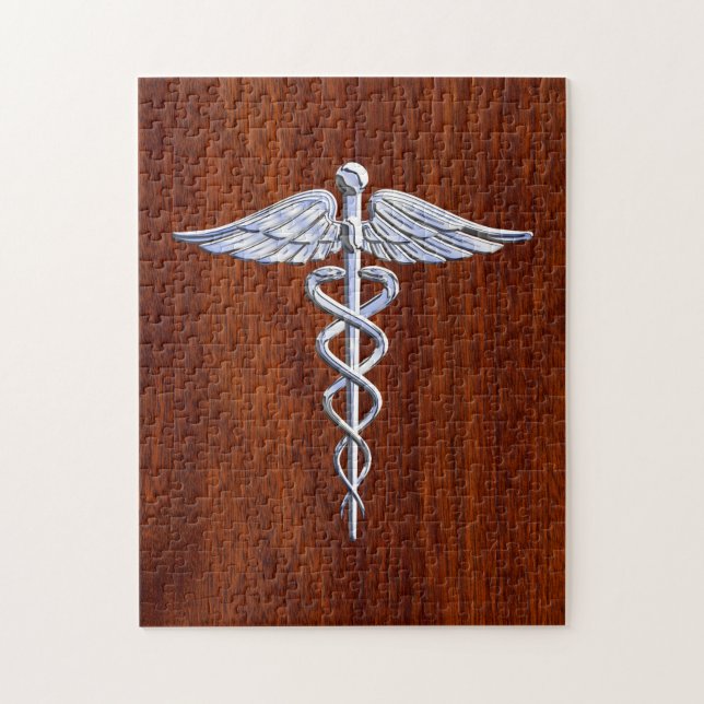 Silver Caduceus Medical Symbol Mahogany Decor Jigsaw Puzzle (Vertical)