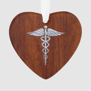 Silver Caduceus Medical Symbol Mahogany Decor Ornament