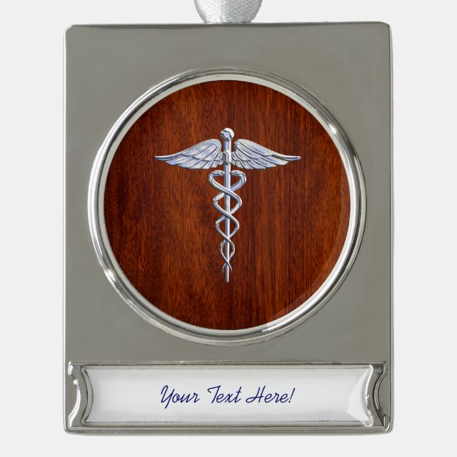 Silver Caduceus Medical Symbol Mahogany Decor Silver Plated Banner Ornament (Front)