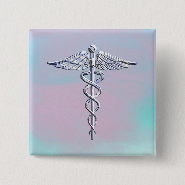 Silver Caduceus Medical Symbol Mother Pearl Decor 15 Cm Square Badge (Front)