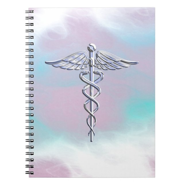 Silver Caduceus Medical Symbol Mother Pearl Decor Notebook (Front)