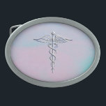 Silver Caduceus Medical Symbol Mother Pearl Decor Oval Belt Buckle<br><div class="desc">The Symbolic Chrome Like Caduceus Medical Symbol design presented here on a Mother of Pearl Nacre look background. The caduceus snakes is designed to look like it is made of chrome. Good for a graduation occasion, a statement for your profession, or for a gift with that medical look your are...</div>