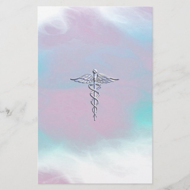 Silver Caduceus Medical Symbol Mother Pearl Decor Stationery (Front)