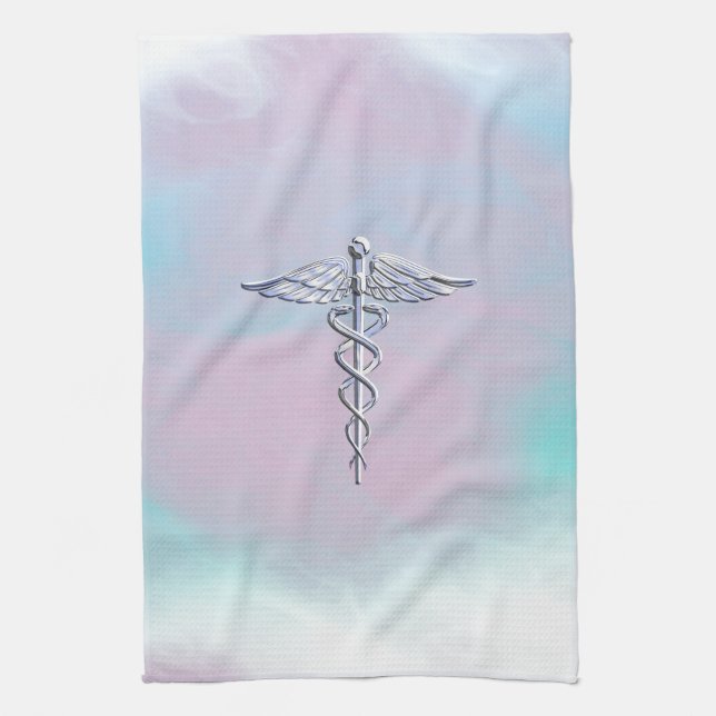 Silver Caduceus Medical Symbol Mother Pearl Decor Tea Towel (Vertical)
