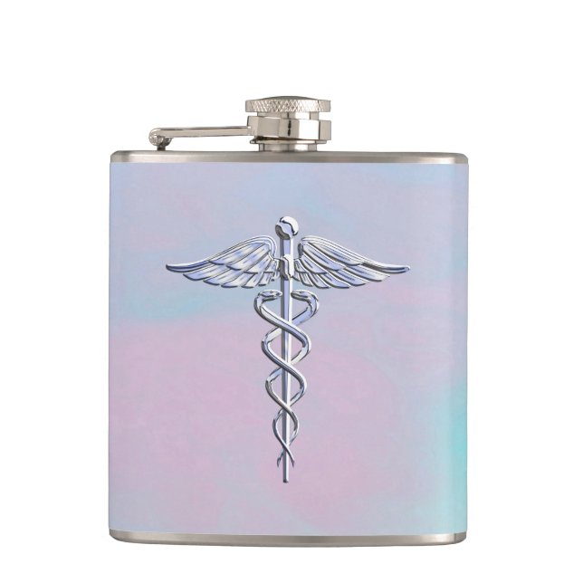 Silver Caduceus Medical Symbol Mother Pearl Hip Flask (Front)