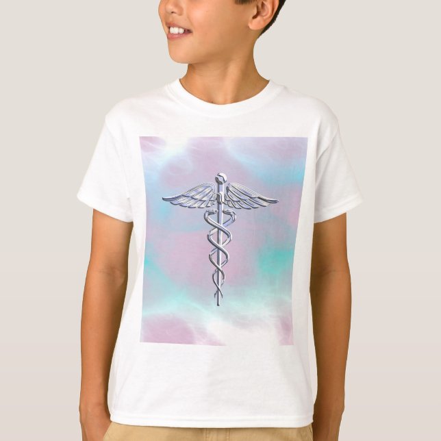 Silver Caduceus Medical Symbol Mother Pearl T-Shirt (Front)