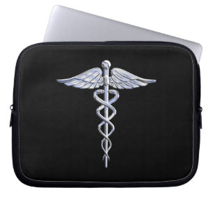 Silver Caduceus Medical Symbol on Black Laptop Sleeve