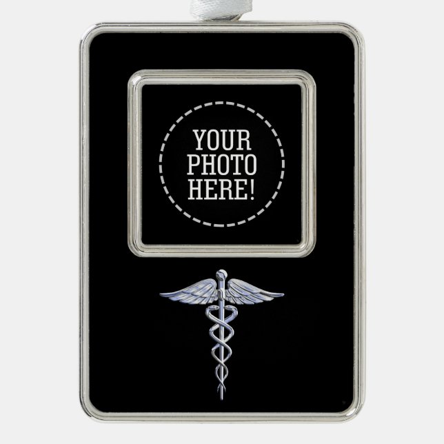 Silver Caduceus Medical Symbol on Black Plated Framed Ornament (Front)
