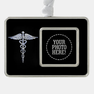 Silver Caduceus Medical Symbol on Black Silver Plated Framed Ornament