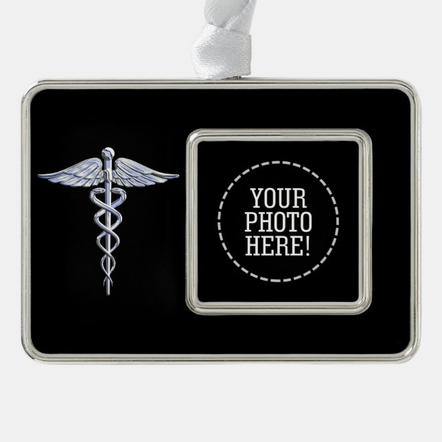 Silver Caduceus Medical Symbol on Black Silver Plated Framed Ornament (Front)