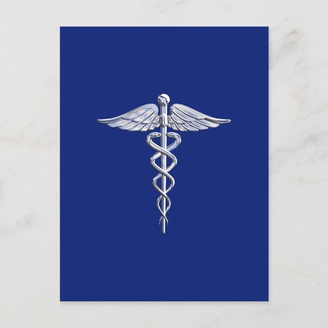 Silver Caduceus Medical Symbol on Navy Blue Decor Postcard (Front)