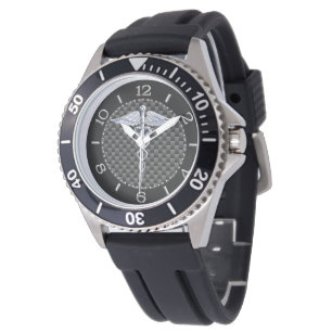 Silver Caduceus Symbol Carbon Fibre Style Dial Watch