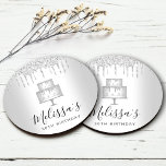 Silver cake glitter drips elegant girly glam party round paper coaster<br><div class="desc">Relax with your favourite beverage and protect your furniture with these simple, modern, girly, and stylish custom name paper coasters. A glittery, chic, silver 2 layer cake, elegant script typography and glitter drips overlay a faux metallic silver ombre background. Personalise with the name and message of your choice. Select from...</div>
