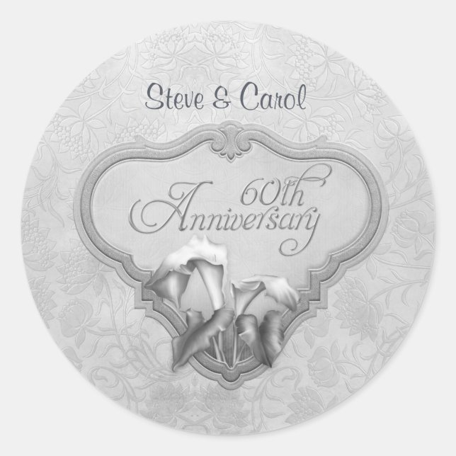 Silver Calla 60th Wedding Anniversary Classic Round Sticker (Front)