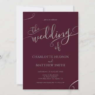 Silver Calligraphy | Burgundy Wedding Invitation