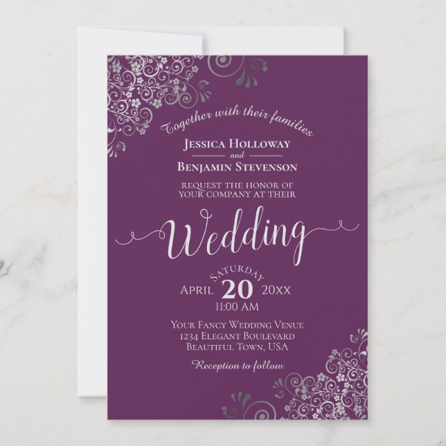 Silver Calligraphy Elegant Plum Purple Wedding Invitation (Front)