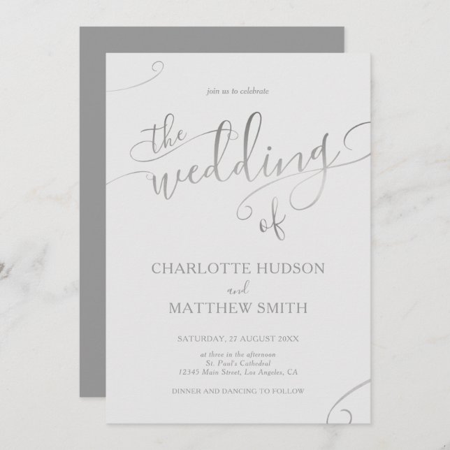 Silver Calligraphy | Grey Wedding Invitation (Front/Back)
