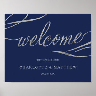 Silver Calligraphy   Navy Blue Wedding Poster 