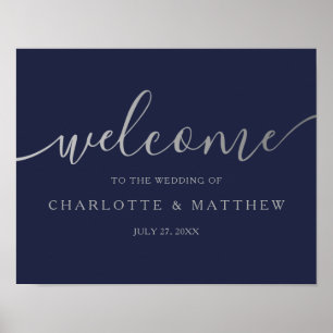 Silver Calligraphy Navy Welcome Wedding Poster