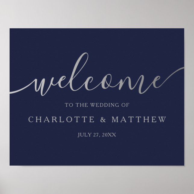 Silver Calligraphy Navy Welcome Wedding Poster (Front)