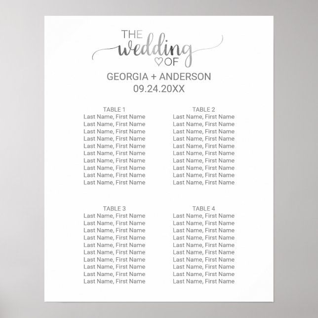 Silver Calligraphy Small Wedding Seating Chart (Front)