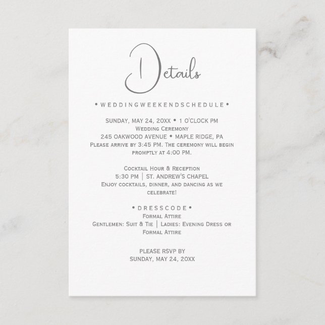 Silver Calligraphy Wedding Details Card (Front)