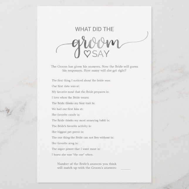 Silver Calligraphy What Did the Groom Say Game Flyer (Front)