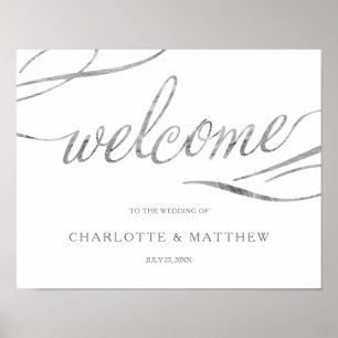 Silver Calligraphy   White Welcome Wedding Poster 